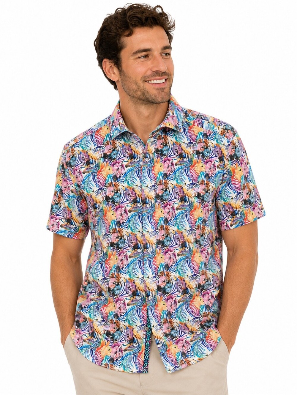 Jermyn & Bond Colorful Zebra Print Button Front Shirt Men's Medium Modern Fit
